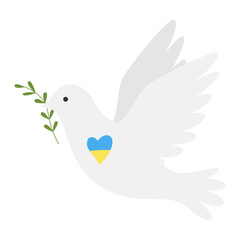 A white dove, a symbol of peace. A flying bird of the world holds a green twig in its beak. The heart is in colors of the Ukrainian flag. No war. Color illustration in a flat style isolated on white