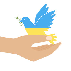 A human hands holding a dove in the colors of Ukrainian flag. Symbol of peace. Bird holding twig in the beak. Stop war. Color illustration in a flat style isolated on a white background