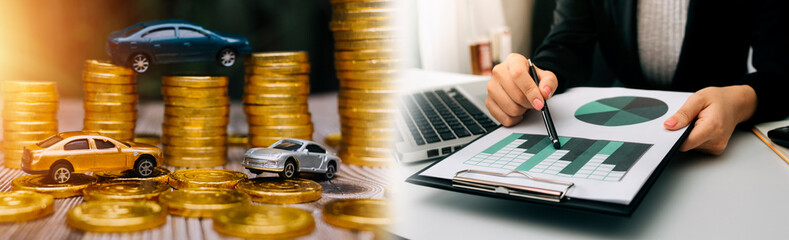 Coins stack in columns, saving book, car. Finance and banking concept.