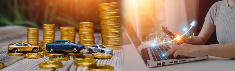Coins stack in columns, saving book, car. Finance and banking concept.