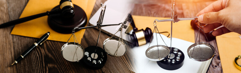 Fototapeta na wymiar justice and law concept.Male judge in a courtroom on wooden table and Counselor or Male lawyer working in office. Legal law, advice and justice concept.