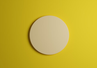 3D illustration of a light, pastel yellow circle podium or stand top view flat lay product display minimal, simple bright yellow background with copy space for text 