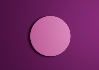 3D illustration of a bright pink circle podium or stand top view flat lay product display minimal, simplebright, dark purple, violet background with copy space for text 