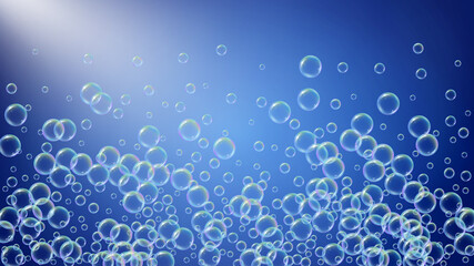 Soap bubble. Detergent bath foam and suds for bathtub. Shampoo. 3d vector illustration flyer. Aqua fizz and splash. Realistic water frame and border. Blue colorful liquid soap bubble.