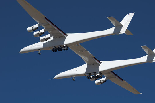 Mojave, California, USA - February 24, 2022: Carrier Aircraft Scaled Composites Model 351 Stratolaunch With Registration N351SL Shown Airborne Over The Mojave Air And Space Port.