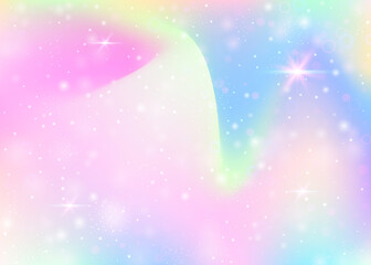 Fairy background with rainbow mesh.  Girlie universe banner in princess colors. Fantasy gradient backdrop with hologram. Holographic fairy background with magic sparkles, stars and blurs.