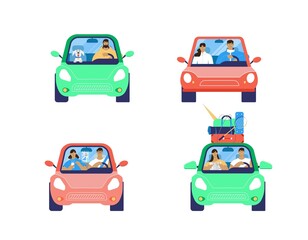 Front view of cars with people, man, woman, dog driving for a vacation. Vector illustration in flat style, set of cars
