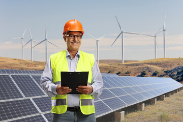 Mature engineer standing on a wind turbine farm with solar panels