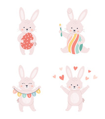 Easter bunnies collection. Bunny with Easter eggs. Happy Easter. Hand drawn vector illustration