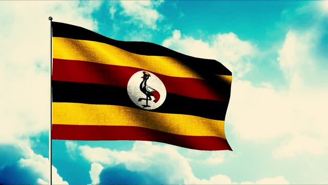 Waving flag of Uganda, seamless loop. Motion. Contrasting animation with a realistic waving flag on a blue cloudy sky background.