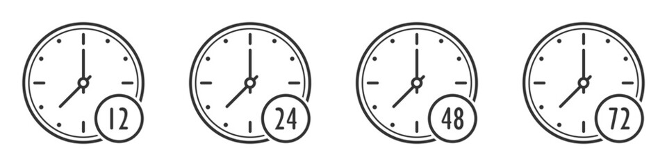 Set of time icons. 12, 24, 48, 72 hours. Vector illustration.