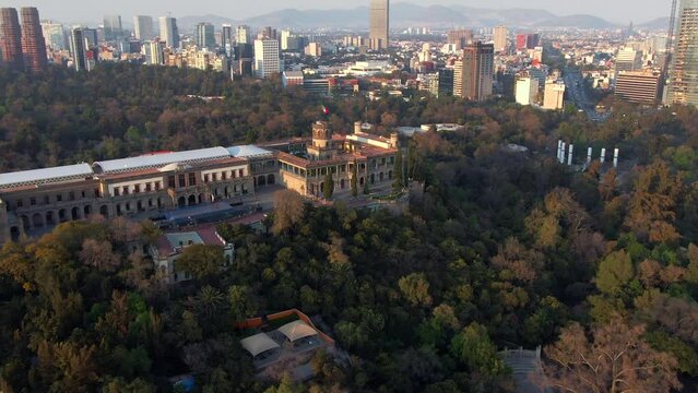 Aerial view of historic landmark Chapultepec Castle at sunset in Mexico City, Mexico.