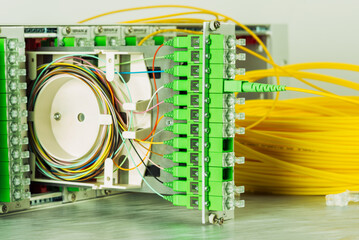 Fiber optic connection, spice tray in optical distribution frame of telecommunication systems...