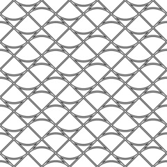Fototapeta premium Grid motif. Ethnic embroidery ornament with repeated scallops. Scale. Repeat scallop background. Seamless surface pattern design with scales. Grill wallpaper. Crossed diagonal lines and curves. Vector