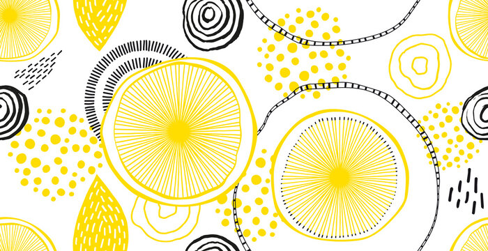 Zitronen abstrakt nahtloses Muster gelb schwarz wei&szlig; f&uuml;r Druck auf Textil, Papier, Bettzeug, Fashion