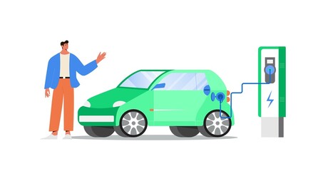 Man recharging electric car at the station. Concept of alternative fuel and energy, environment protection.