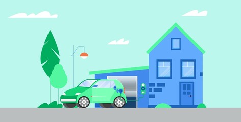 Fototapeta premium Charging electric car battery at home recharge station. Alternative energy car, modern vehicle, eco and green energy concept. Flat vector illustration.