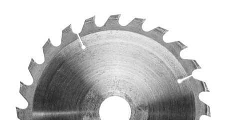 Woodworking Tools Part Of Circular Saw Blade Very Close UP Isolated On White - obrazy, fototapety, plakaty