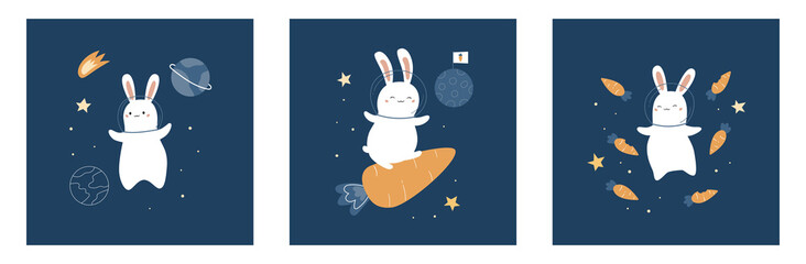 Greeting cards with space rabbits, planets, stars, rocket and carrots. Cute cartoon bunny. Perfect for t-shirt design, greeting cards, banners and posters. Vector illustration.