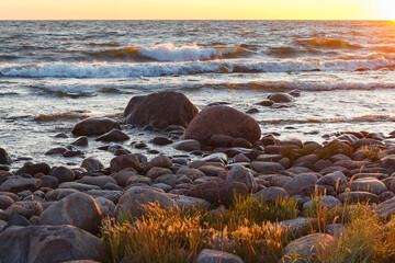 Sunset over the Baltic sea. Rocky shore of Purekkari neem, the Northernmost location of Estonian...