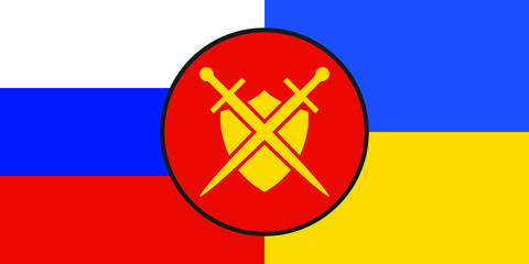 Shield and sword in the background of conflicting countries. Russia and Ukraine.