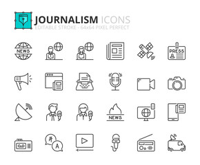 Simple set of outline icons about journalism and news.