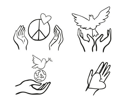 Symbols of the world of kindness and love. The dove carries an olive branch. Heart in hands and protecting the planet.Peace to the world.Hands holding a heart,Vector illustration.Doodle style.