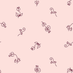 Fototapeta na wymiar Single line drawn seamless pattern with flowers and berries. Perfect for T-shirt, postcard, party invitation and print. Doodle vector illustration for decor and design.