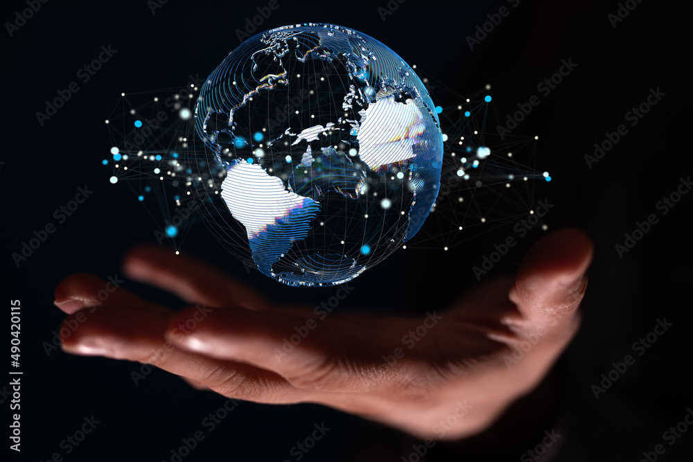 Poster world map with satellite data connections. connectivity across the world