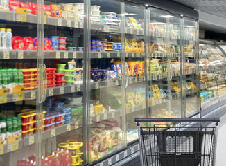 empty grocery cart in an empty supermarket