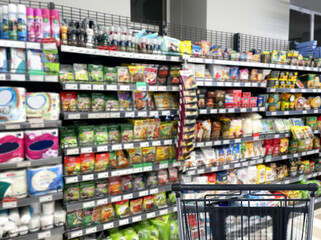 empty grocery cart in an empty supermarket