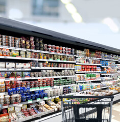 empty grocery cart in an empty supermarket