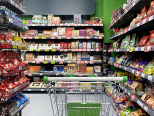 empty grocery cart in an empty supermarket