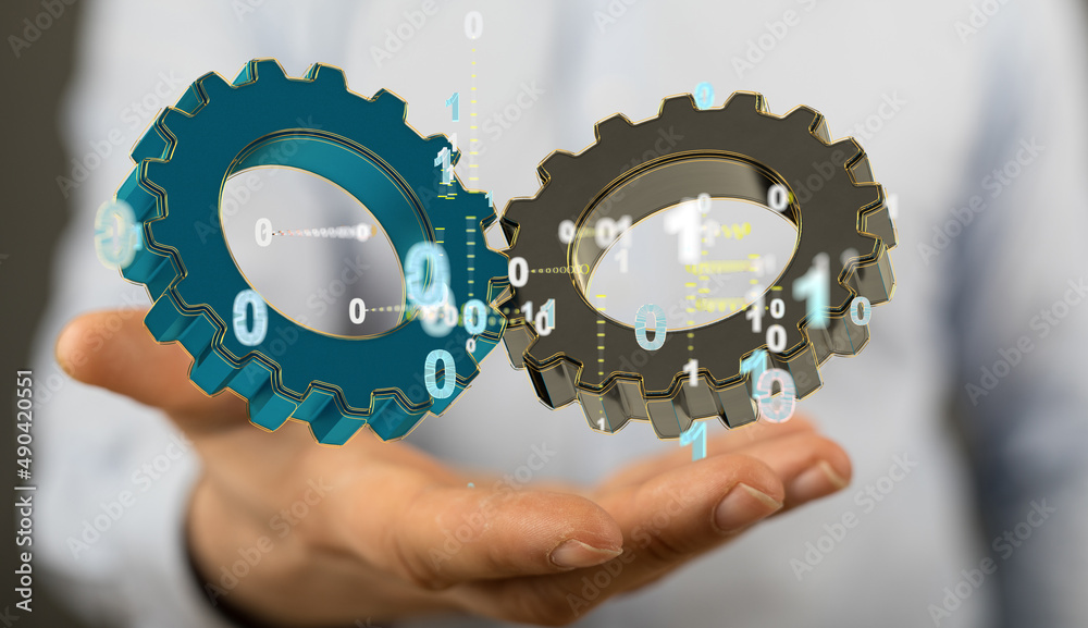 Poster Cogs and gear wheel mechanisms. Hi-tech digital technology and engineering. Abstract technical background..