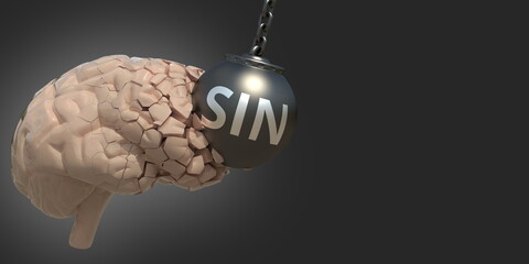 Brain hit by wrecking ball with Sin text, medical conceptual 3D rendering