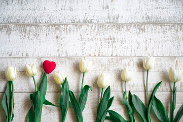 Flatlay of tulips on white wooden background.