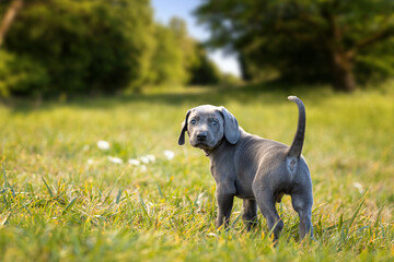 Weimaraner Welpe auf einer Wiese