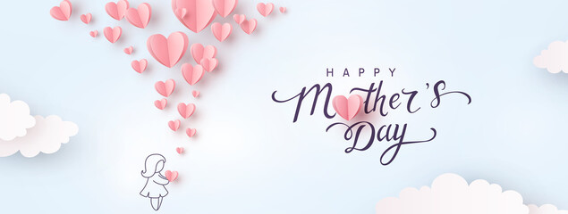 Mother's day postcard with paper flying elements, girl and balloons on blue sky background. Vector symbols of love in shape of heart for mum greeting card design