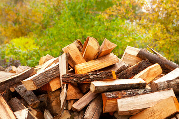 A pile of split firewood for heating a house, in an open space, close-up, against the backdrop of an autumn garden.