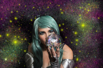 Psychic Woman With Blue Hair and crystal ball