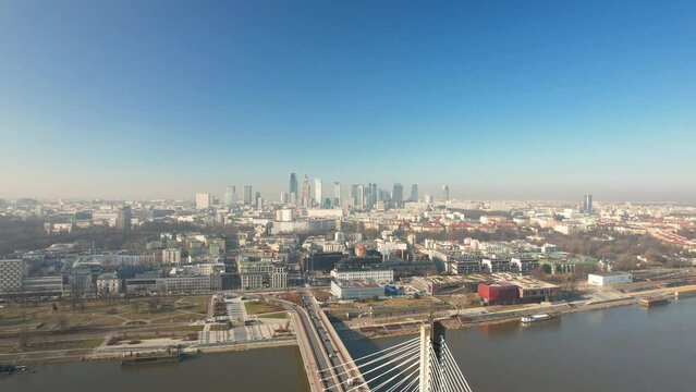 Warsaw, city panorama from the area of Swietokrzyski bridge. View from a drone.