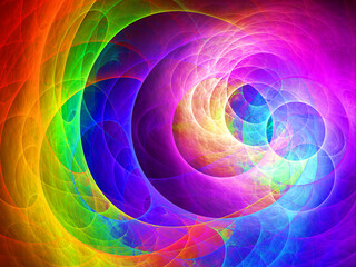 Imagen de arte psicodélico digital compuesto de trazos circulares solapados en colores estilo neón en un conjunto con aspecto de ser un generador infinito de anillos luminosos.