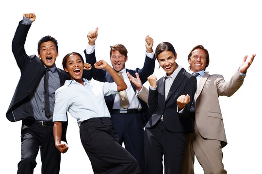 That feeling of success. Shot of a group of business people acting excited with their hands in the air on a white background.