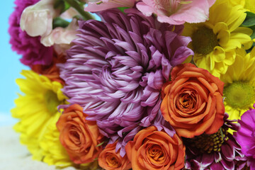 Close up of Bouquet with Chrysanthemums and Miniature Roses