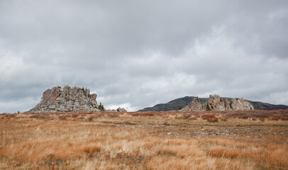 crown of rocks, red desert, autumn in Altai region