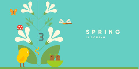 Spring. Nature. Garden. Simple vector illustration. Symbolic poster on the theme of peace, harmony. Background for banner, label, cover.