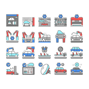 Car Factory Production Collection Icons Set Vector .