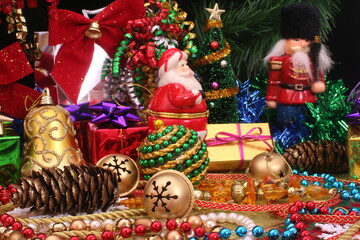 Christmas Ornaments and Decorations on Black Background