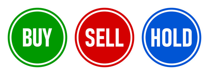 Buy Sell Hold Stock Market or Cryptocurrency Trading Button Icon Set. Vector Image.