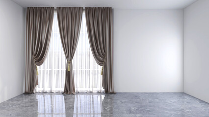 Empty room with white wall, parquet floor, and classic white vitrage, 3 khaki curtains. 3d rendering. 3d illustration